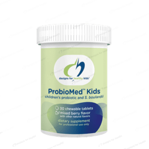 A jar of probiomed kids on a white background.