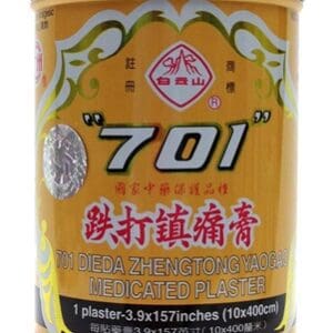 A tin of 701 DIE DA ZHENG TONG YAO PLASTER - CAN (1 ROLL) on a white background.