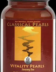 A jar of VITALITY PEARLS (90 CAPS) (CLASSICAL PEARL) on a black background.