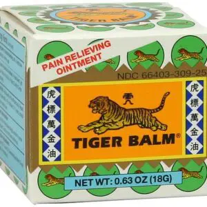 A box of TIGER BALM PAIN RELIEVING OINTMENT - WHITE REGULAR STRENGTH - LAR on a white background.