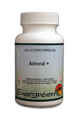 A bottle of ADRENAL+ (ADRENOPLEX) (100 CAPS) (EVERGREEN) formulas.