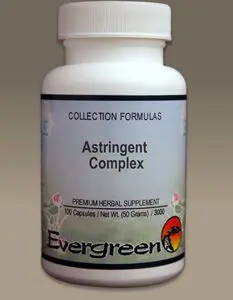 A bottle of ASTRINGENT COMPLEX (100 CAPS) (EVERGREEN).