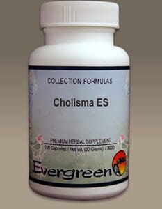 A bottle of CHOLISMA ES (100 CAPS) (EVERGREEN) formulas.