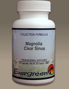 A bottle of MAGNOLIA CLEAR SINUS (100 CAPS) (EVERGREEN) clear sinuses.