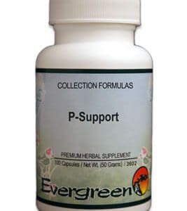 A bottle of P SUPPORT (P-STATIN) (100 CAPS) (EVERGREEN) formulas.