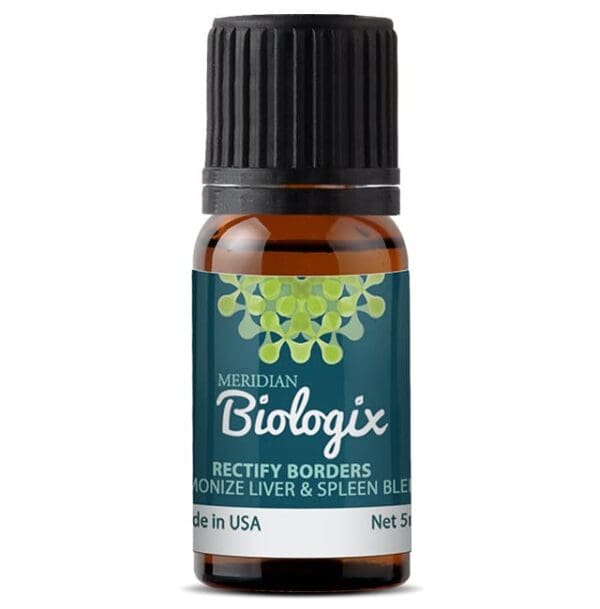 A bottle of RECTIFY BORDERS (BLENDS) (5 ML) (MERIDIAN BIOLOGIX) essential oil on a white background.