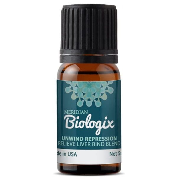 A bottle of UNWIND REPRESSION (BLENDS) (5 ML) (MERIDIAN BIOLOGIX) essential oil with a label on it.