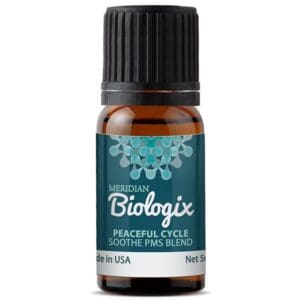 A bottle of PEACEFUL CYCLE essential oil with a white background.