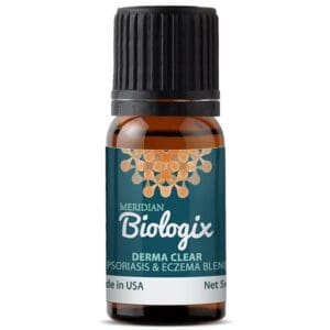 A bottle of DERMA CLEAR (BLENDS) (15 ML) (MERIDIAN BIOLOGIX) essential oil.