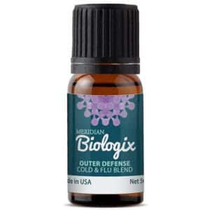 A bottle of OUTER DEFENSE (BLENDS) (5 ML) (MERIDIAN BIOLOGIX) essential oil with a black background.
