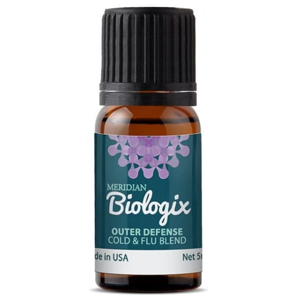 A bottle of OUTER DEFENSE (BLENDS) (5 ML) (MERIDIAN BIOLOGIX) essential oil with a black background.