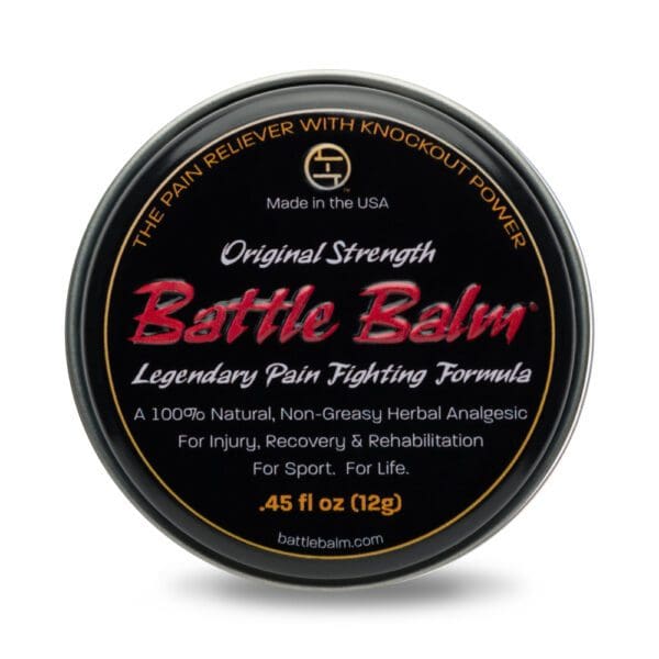 A tin of BATTLE BALM ORIGINAL STRENGTH (0.45 FL OZ) on a white background.