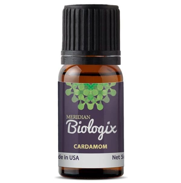 A bottle of SINGLES CARDAMOM (5 ML) (MERIDIAN BIOLOGIX) essential oil.