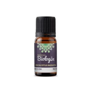A bottle of SINGLES EUCALYPTUS RADIATA (5 ML) (MERIDIAN BIOLOGIX) essential oil on a white background.