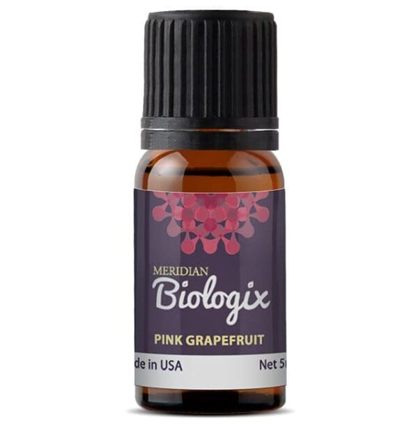 A bottle of SINGLES PINK GRAPEFRUIT (5 ML) (MERIDIAN BIOLOGIX) essential oil.