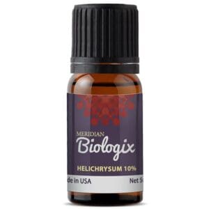 A bottle of SINGLES HELICHRYSUM 10% (5 ML) (MERIDIAN BIOLOGIX) essential oil with a black background.