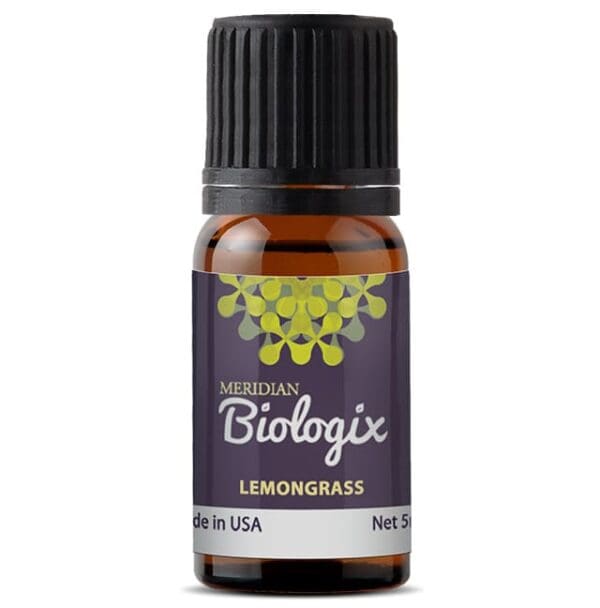 A bottle of SINGLES LEMONGRASS (5 ML) (MERIDIAN BIOLOGIX) essential oil.
