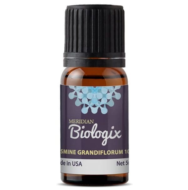 A bottle of SINGLES JASMINE GRANDIFLORUM 10% (5 ML) (MERIDIAN BIOLOGIX) essential oil with a black background.