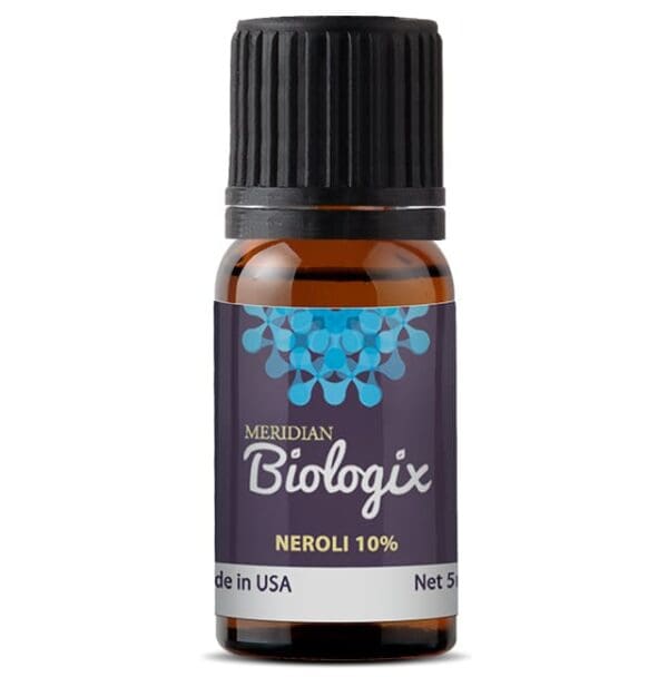 A bottle of SINGLES NEROLI 10% (5 ML) (MERIDIAN BIOLOGIX) essential oil.