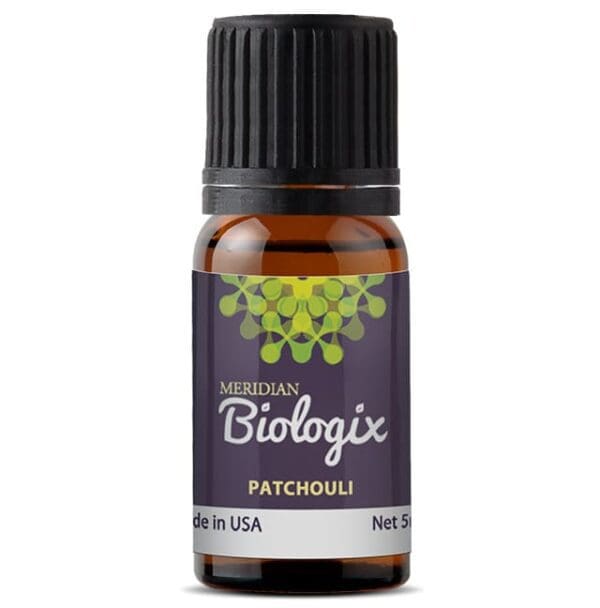 A bottle of SINGLES PATCHOULI (5 ML) (MERIDIAN BIOLOGIX) essential oil.