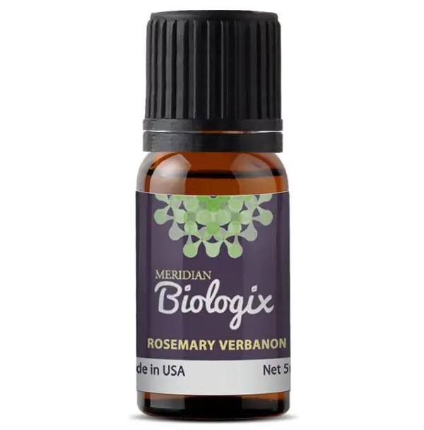 A bottle of SINGLES ROSEMARY VERBANONE (5 ML) (MERIDIAN BIOLOGIX) essential oil.