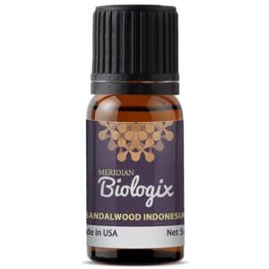 A bottle of Singles Sandalwood Indonesia (5 ml) from Meridian Biologix.