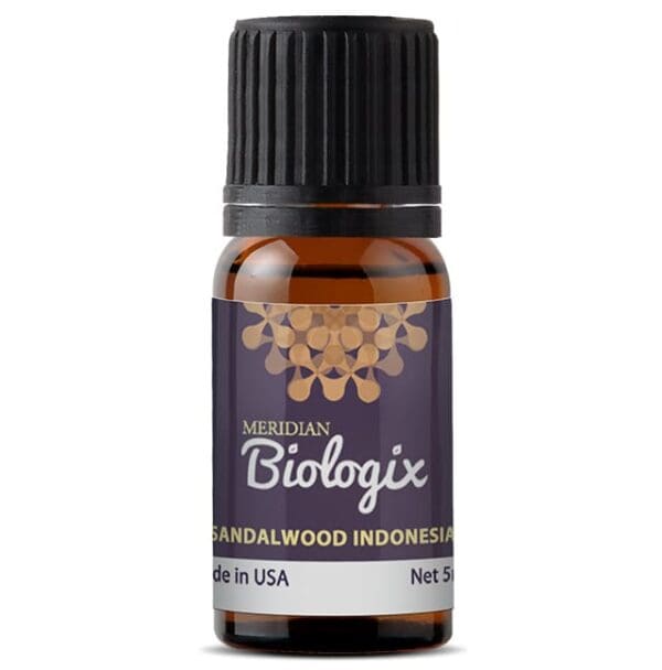 A bottle of Singles Sandalwood Indonesia (5 ml) from Meridian Biologix.