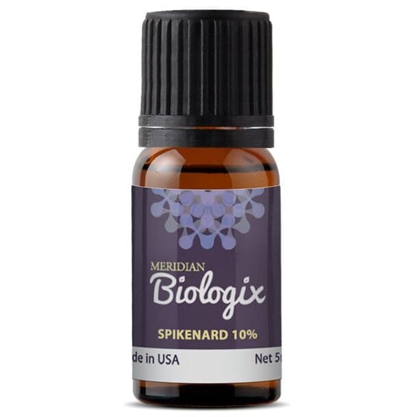 A bottle of SINGLES SPIKENARD 10% (5 ML) (MERIDIAN BIOLOGIX) essential oil with a black label.
