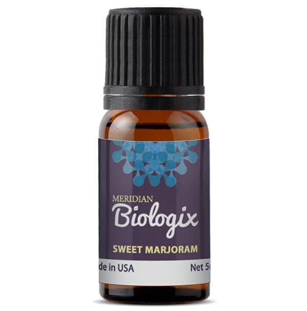 A bottle of SINGLES SWEET MARJORAM (5 ML) (MERIDIAN BIOLOGIX) essential oil.