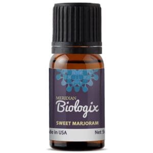 A bottle of SINGLES SWEET MARJORAM (5 ML) (MERIDIAN BIOLOGIX) essential oil.