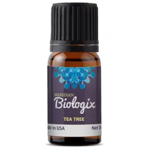 A bottle of SINGLES TEA TREE (5 ML) (MERIDIAN BIOLOGIX) essential oil.