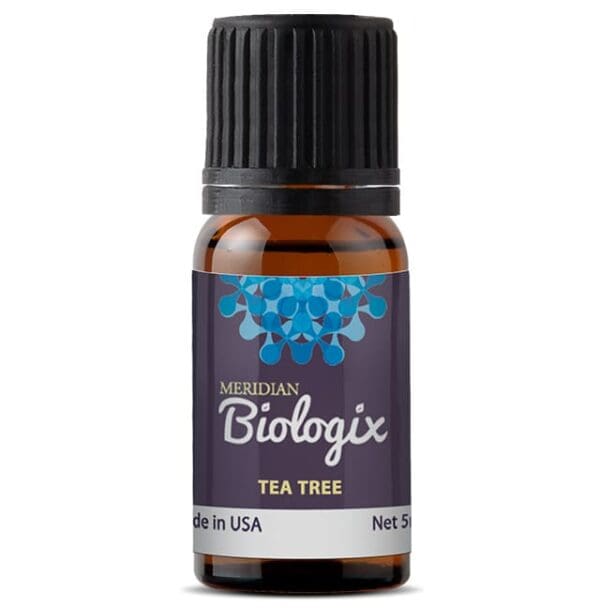 A bottle of SINGLES TEA TREE (5 ML) (MERIDIAN BIOLOGIX) essential oil.