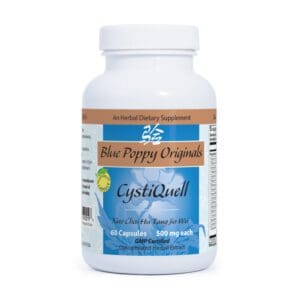 A bottle of CYSTIQUELL (60 CAPSULES) (BLUE POPPY) puppy organics.