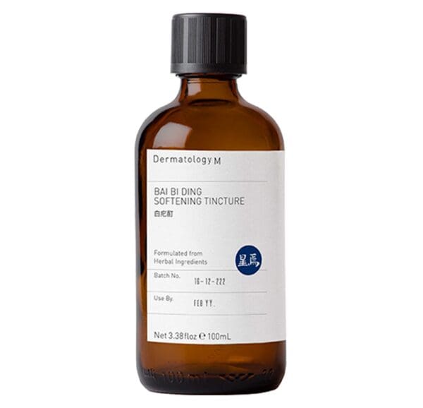A bottle of BAI BI DING SOFTENING TINCTURE - DERMATOLOGY M on a white background.