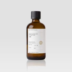 A bottle of SAN HUANG DING S-TINCTURE - DERMATOLOGY M on a white background.