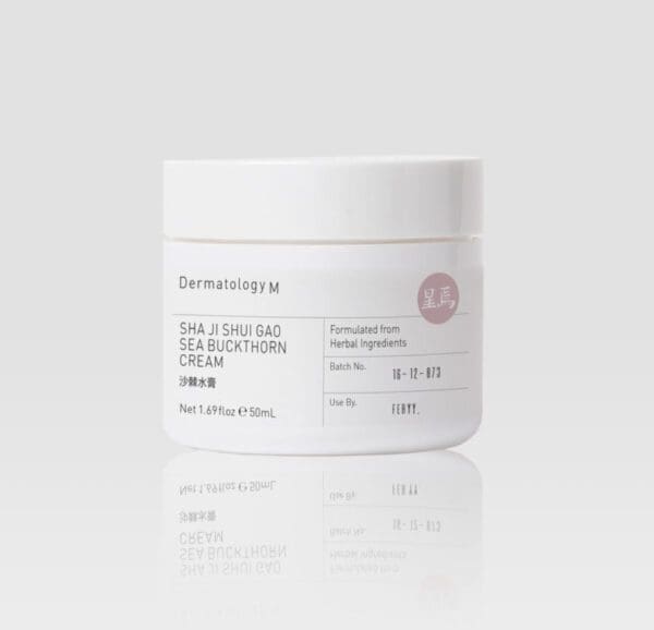 A jar of SHA JI SHUI GAO SEA BUCKTHORN CREAM - DERMATOLOGY M on a white background.