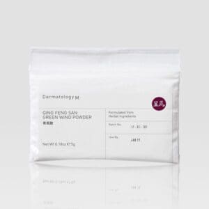 A white bag with the QING FENG SAN GREEN WIND POWDER - DERMATOLOGY M on it.