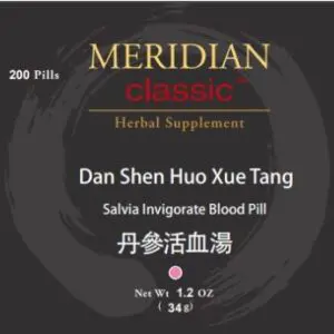 A bottle of meridian classic Dan Shen Huo Xue Wan (Teapills).