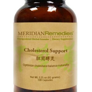 A bottle of CHOLESTEROL SUPPORT (100 CAPS) (MERIDIAN REMEDIES).