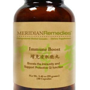 A bottle of IMMUNE BOOST (100 CAPS) from MERIDIAN REMEDIES.