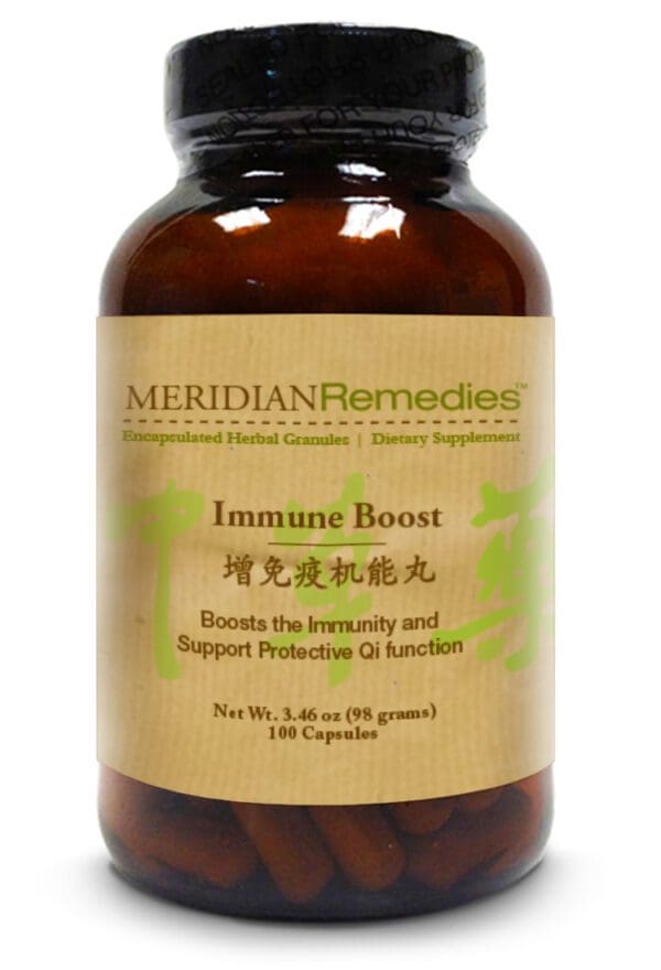 A bottle of IMMUNE BOOST (100 CAPS) from MERIDIAN REMEDIES.