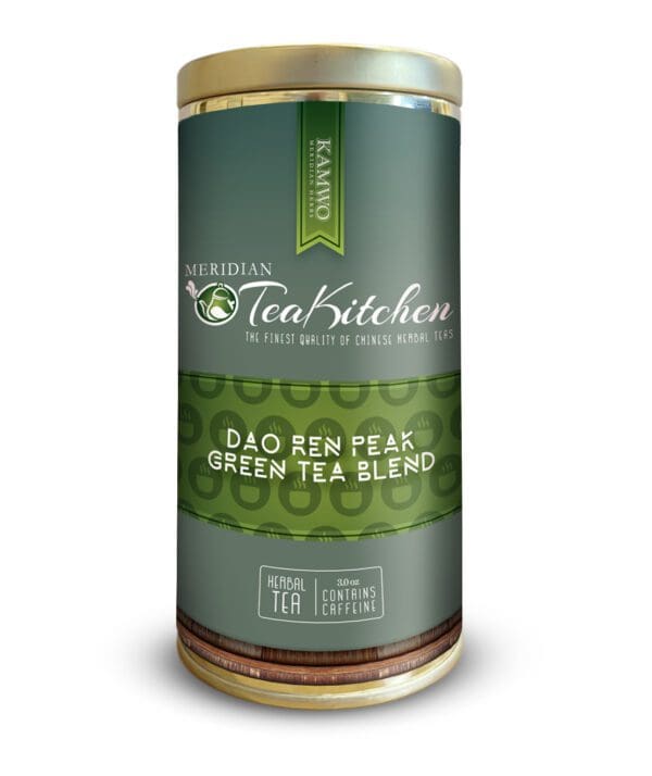 A tin of MERIDIAN TEA KITCHEN ORGANIC DAO REN PEAK GREEN TEA BLEND (3.0 OZ) in a can.