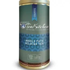 A tin of MERIDIAN TEA KITCHEN ORGANIC MIDDLE PATH HOJICHA TEA (3.0 OZ) - O in a white container.