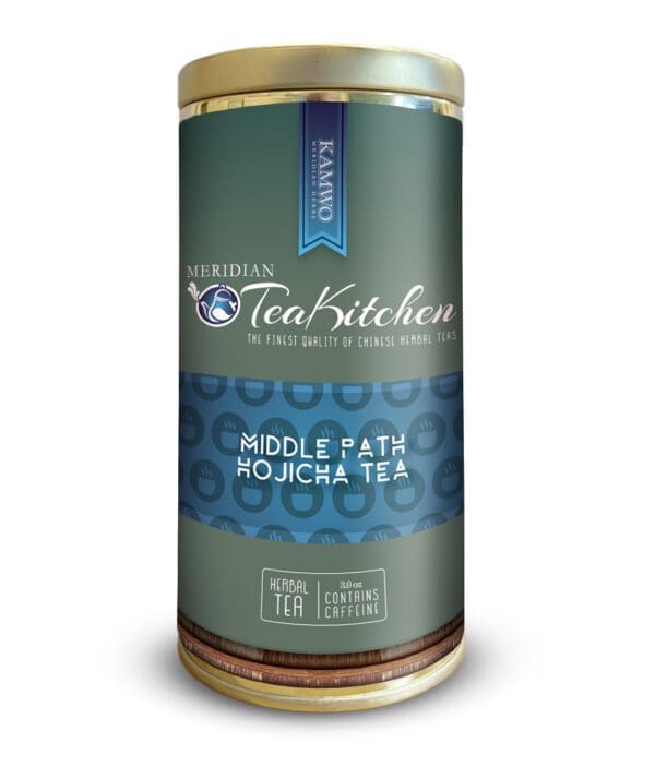 A tin of MERIDIAN TEA KITCHEN ORGANIC MIDDLE PATH HOJICHA TEA (3.0 OZ) - O in a white container.