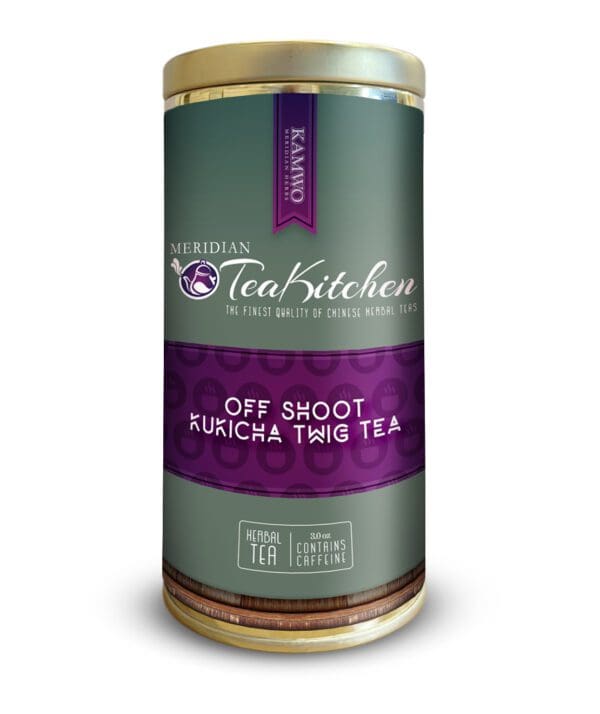 A tin of MERIDIAN TEA KITCHEN ORGANIC OFF SHOOT KUKICHA TWIG TEA (3.0 OZ) with a purple label on it.