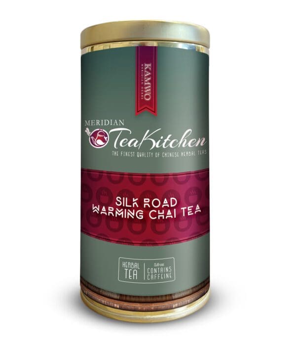 A tin of MERIDIAN TEA KITCHEN SILK ROAD WARMING CHAI TEA (5.0 OZ) with a label on it.