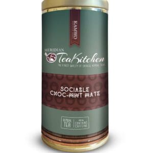 A tin of tea with a MERIDIAN TEAKITCHEN ORGANIC SOCIABLE CHOC-MINT MATE (3.0 OZ) in it.