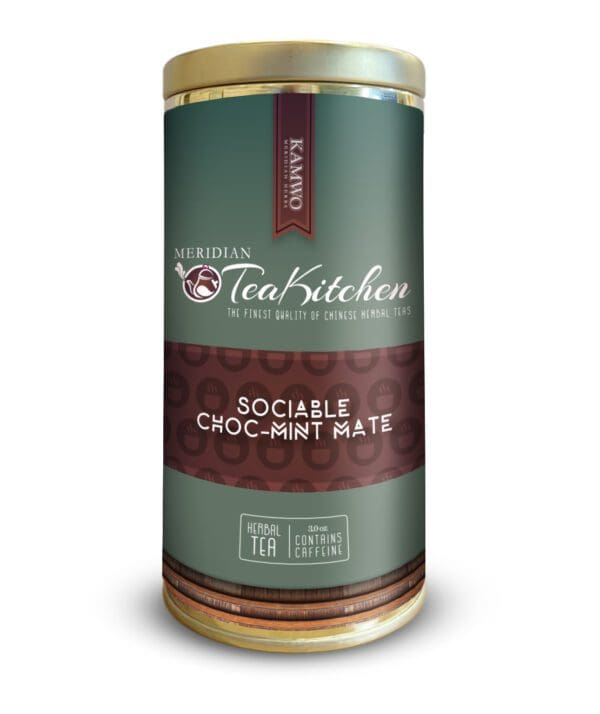 A tin of tea with a MERIDIAN TEAKITCHEN ORGANIC SOCIABLE CHOC-MINT MATE (3.0 OZ) in it.