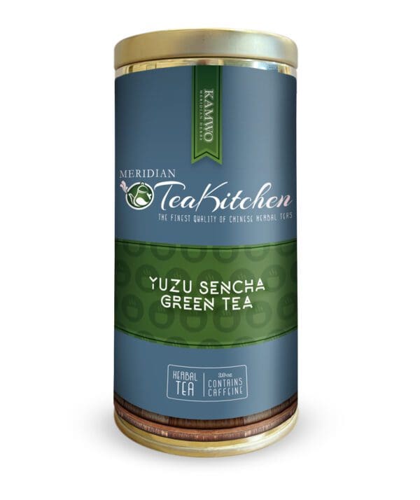 A tin of MERIDIAN TEA KITCHEN ORGANIC YUZU SENCHA CITRUS INFUSED GREEN tea in a white tin.