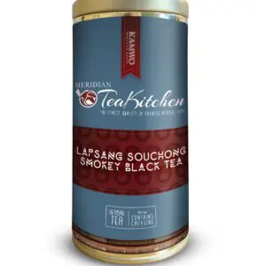 A tin of MERIDIAN TEA KITCHEN ORGANIC LAPSANG SOUCHONG SMOKEY BLACK TEA (2 sassafras suckling oolong tea.